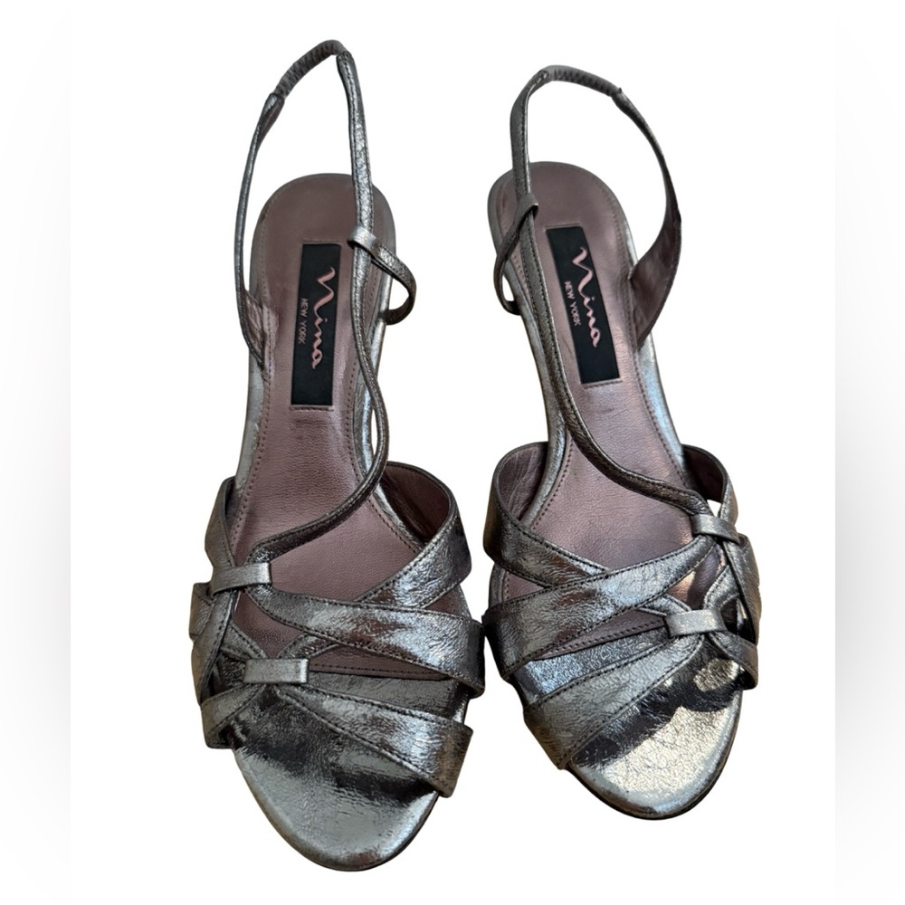 Nina Metallic Pewter Strappy Slingback Sandals